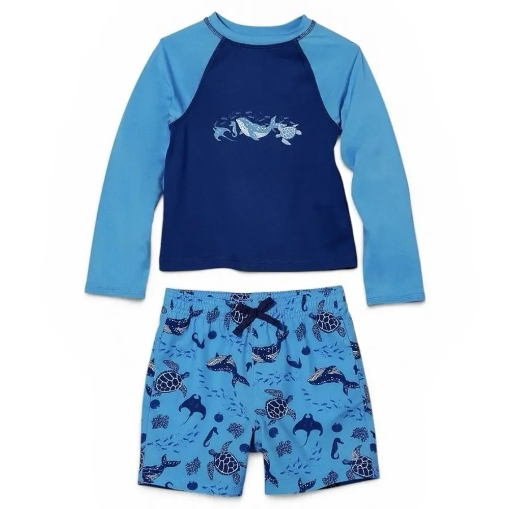 Rash Guard set Swim Blue Boys Shark Long Sleeves SZ/ 5/6